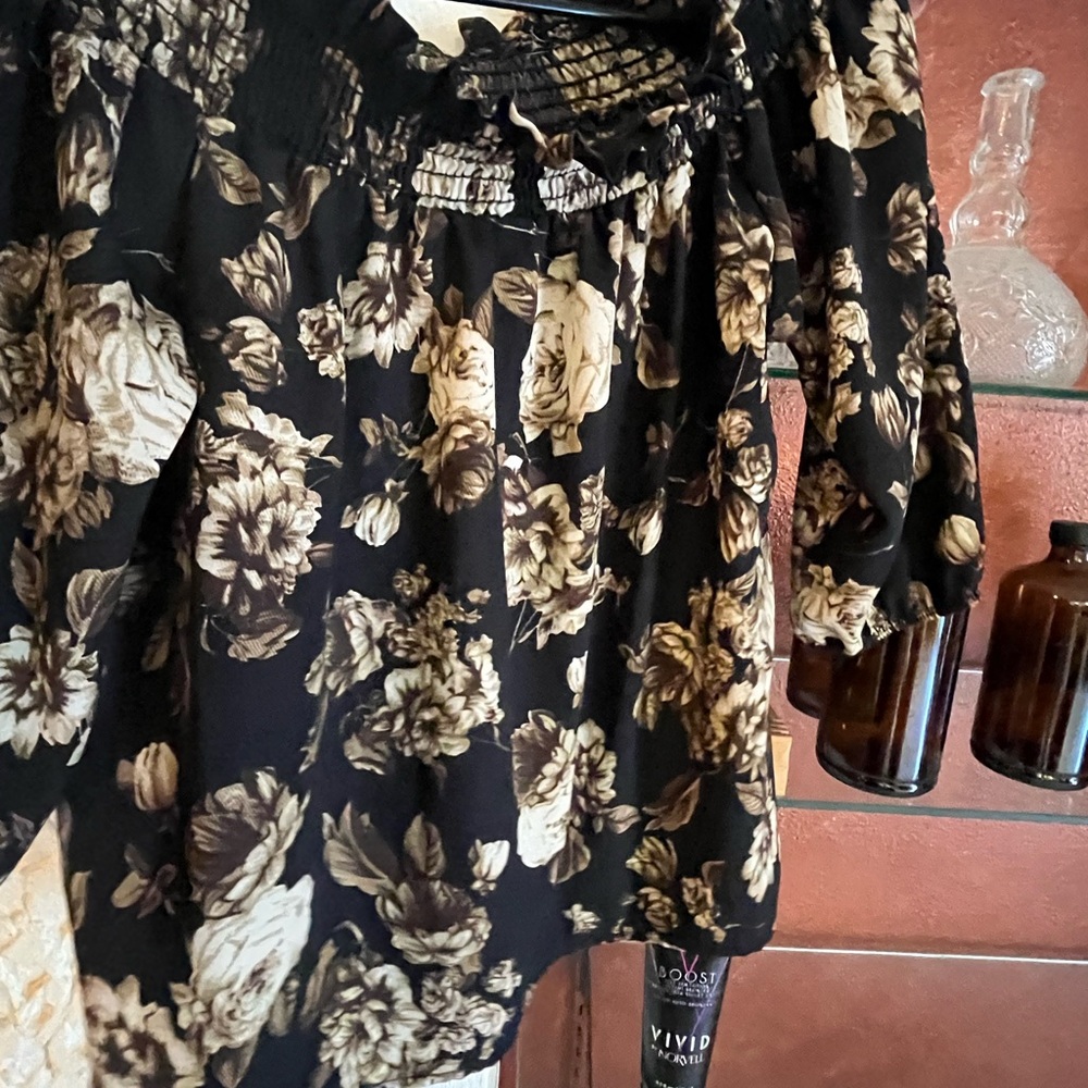 Black Floral Boho Blouse with Cream Roses medium